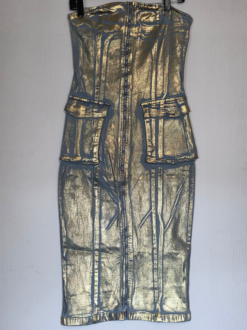Daisy Metallic Gold Denim Strapless Midi Dress Size M Y2K Cargo Utility Clubwear